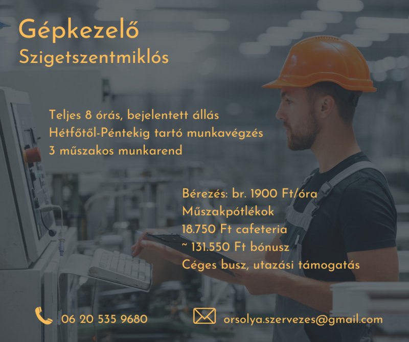 Üzemi gépkezelő munkakörbe keresünk új munkatársakat.