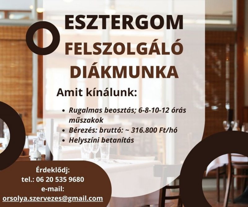 Esztergom legexkluzívabb helyén felszolgáló munkalehetőség!