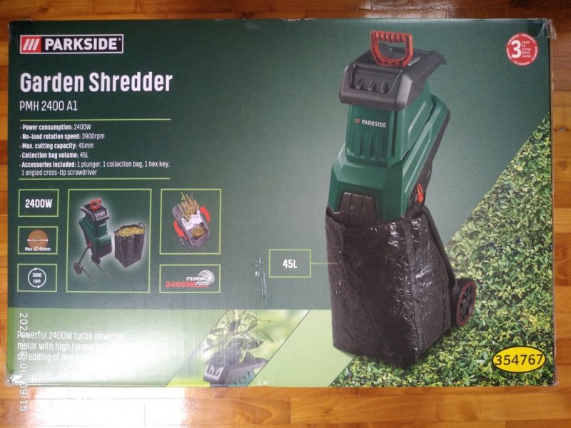 Parkside 2400W ágdaráló késes aprító, 45 literes tartály, új bontatlan