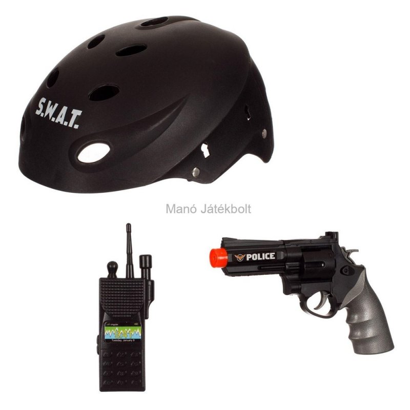 SWAT sisak fekete revolverrel, rádióval