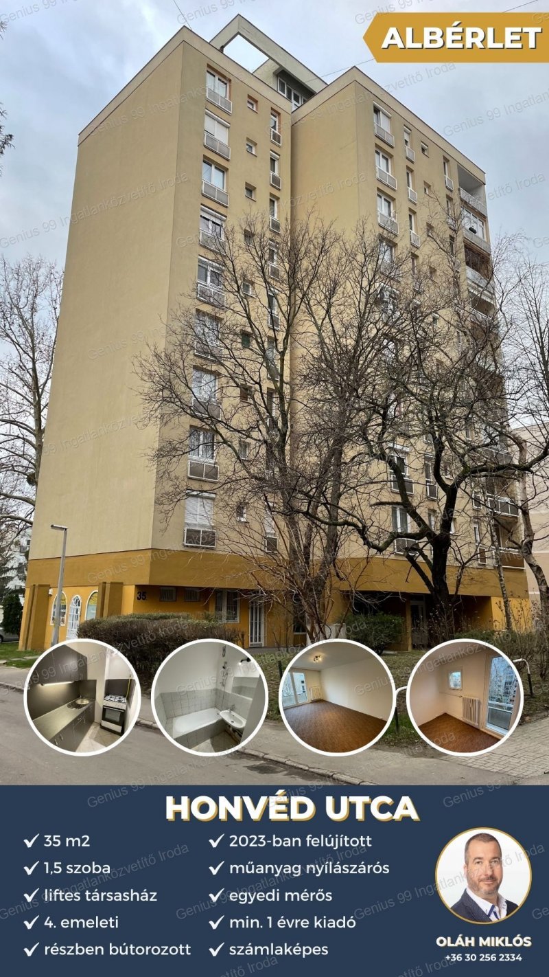 A Honvéd utcában egy 2023-ban felújított liftes házban 4. emeleti 35 m2-es 1,5 szobás részben bútorozott, műanyag nyílászárós egyedi mérővel szerelt távfűtéses panellakást hosszú távra kiadó.
