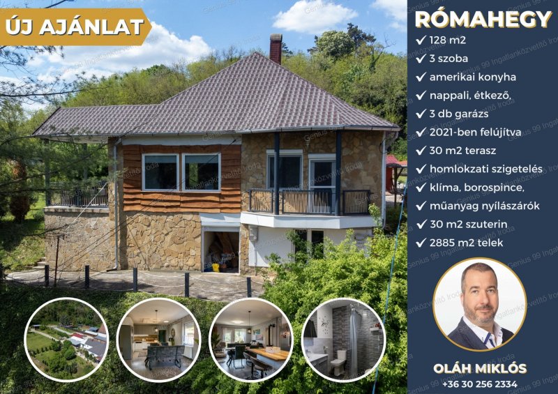 Kaposváron a Rómahegyen eladó egy, örök panorámával rendelkező, 2021-ben teljes körűen felújított 128 m2-s, 3 szoba, amerikai konyhás nappalis, 2885 m2-s parkosított udvarral rendelkező családi ház