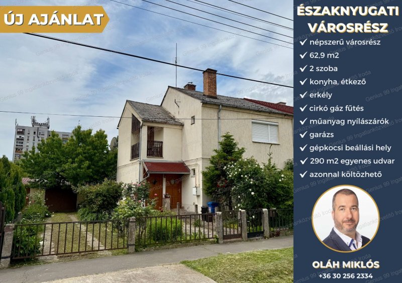 Eladó lakás Kaposvár egyik legkeresettebb részén az északnyugati városrészben, egy négylakásos társasházban, 2 szoba + erkélyes összesen 62 m2-s, saját 290 m2-s egyenes udvarral és garázzsal.