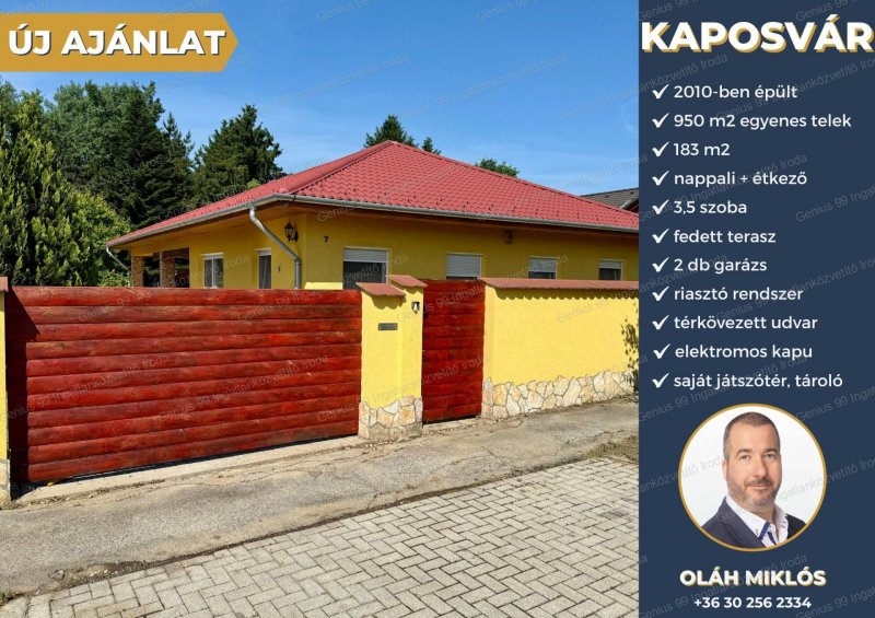 Kaposvár egyik keresett városrészében eladó egy, 2010-ben épült modern, fiatalos, 183 m2-s családi ház, melyben tágas nappali + étkező és 3, 5 szoba található, egy 950 m2-s, egyenes telken.