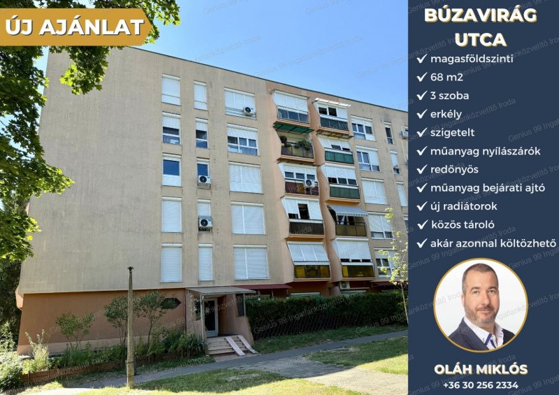 Kaposváron a Búzavirág lakótelepen eladó egy, 68 m2-s, 3 szoba + erkélyes, magasföldszinti, műanyag nyílászárokkal rendelkező panellakás. 