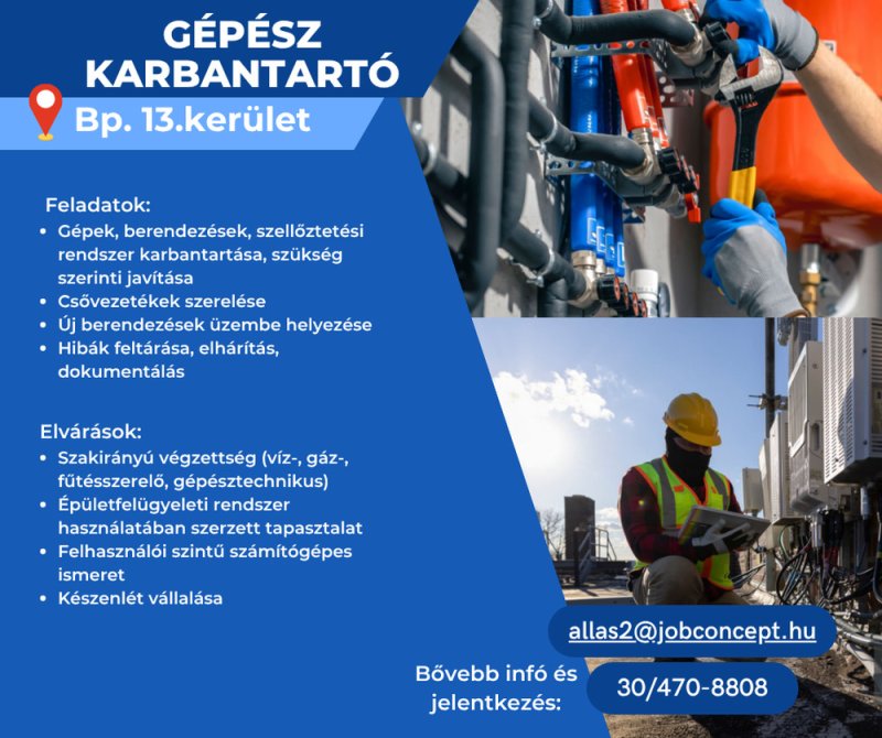 KARBANTARTÓ IRODAHÁZBA (GÉPÉSZ)
