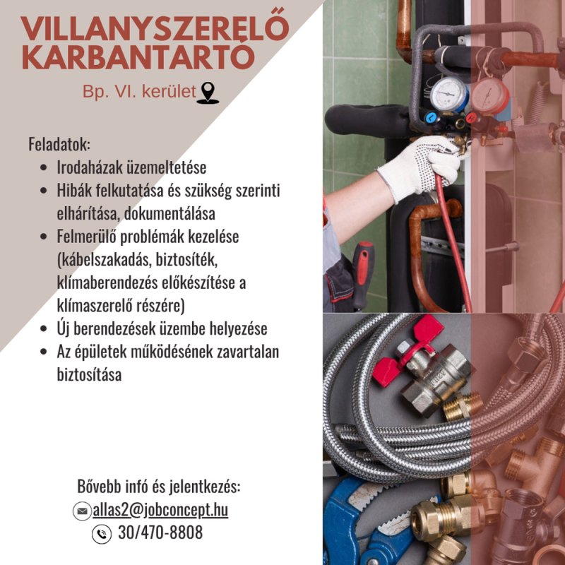 KARBANTARTÓ IRODAHÁZBA (VILLANYSZERELŐ)