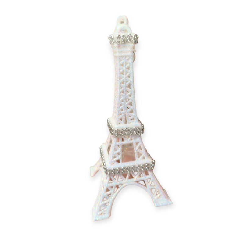 Eiffel-torony karácsonyi dekoráció ezüst strasszokkal és irizáló csillámmal – 27 cm
