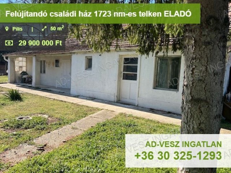 50 nm-es felújítandó vagy bontandó családi ház 1723 nm-es telken Pilisen eladó!