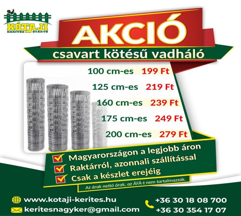Kerítés VADHÁLÓ AKCIÓ!!! Drótfonat, drótháló, oszlop, kapu a gyártótól!