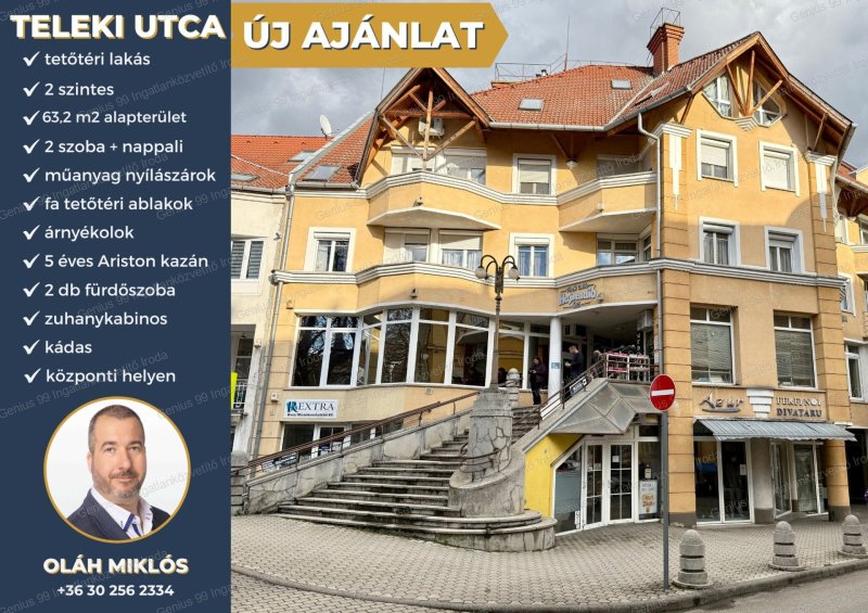 Kaposvár belvárosában a Teleki utcában eladó egy 2 szintes, 63 m2-s tetőtéri lakás, melyben nappali, 2 szoba és 2 fürdőszoba található.
