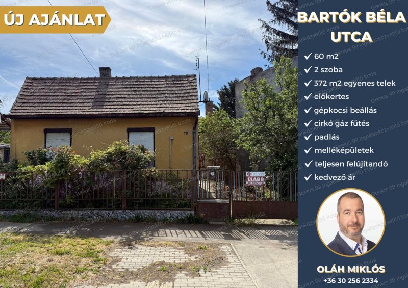Kaposváron a Donneri városrészben eladó egy, 46,2 m2-s, 2 szobás, felújítandó családi ház, 372 m2-s egyenes telekkel,  és gépkocsi beállási lehetőséggel.