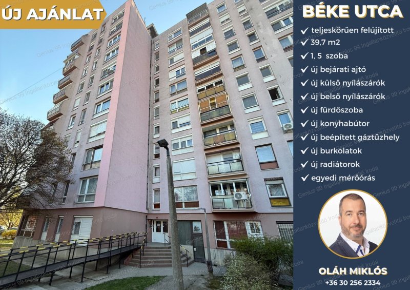 Kaposváron a belváros közelében eladó egy teljes körűen felújított, modern stílusú, 39 m2-s 1 + 1 szobás panellakás.