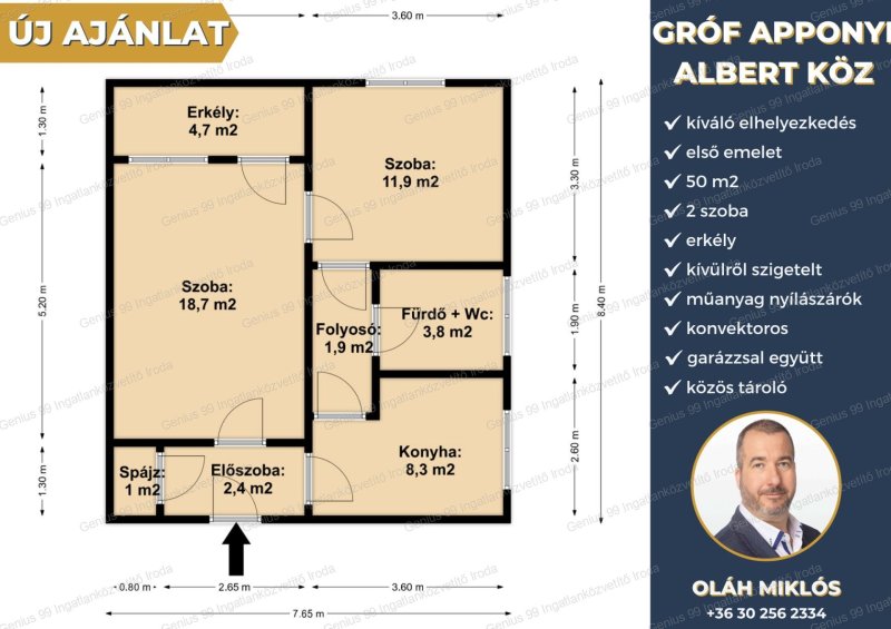 Kaposváron a belvárosban a Gróf Apponyi Albert közben eladó egy, első emeleti, 50 m2-s, 2 szobás + erkélyes, téglalakás, melyhez garázs is tartozik.