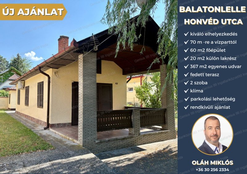 Balatonlellén, pár percre a vízparttól eladó egy kiváló adottságokkal rendelkező 2 szobás, összesen 61, 6 m2-s alapterületű családi ház, hozzá tartozó külön lakrész, mely 367 m2-s egyenes udvarral.