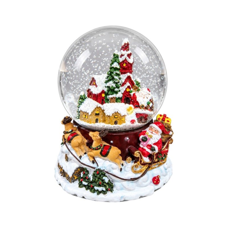 Zenélő karácsonyi LED mézeskalács ház hógömb Mikulással – 13x17 cm