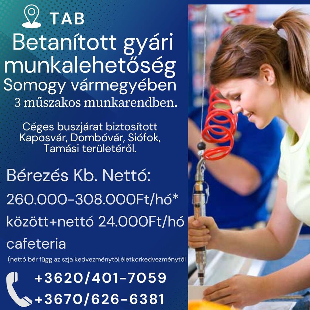 Betanított gyári munkalehetőség Tabon!