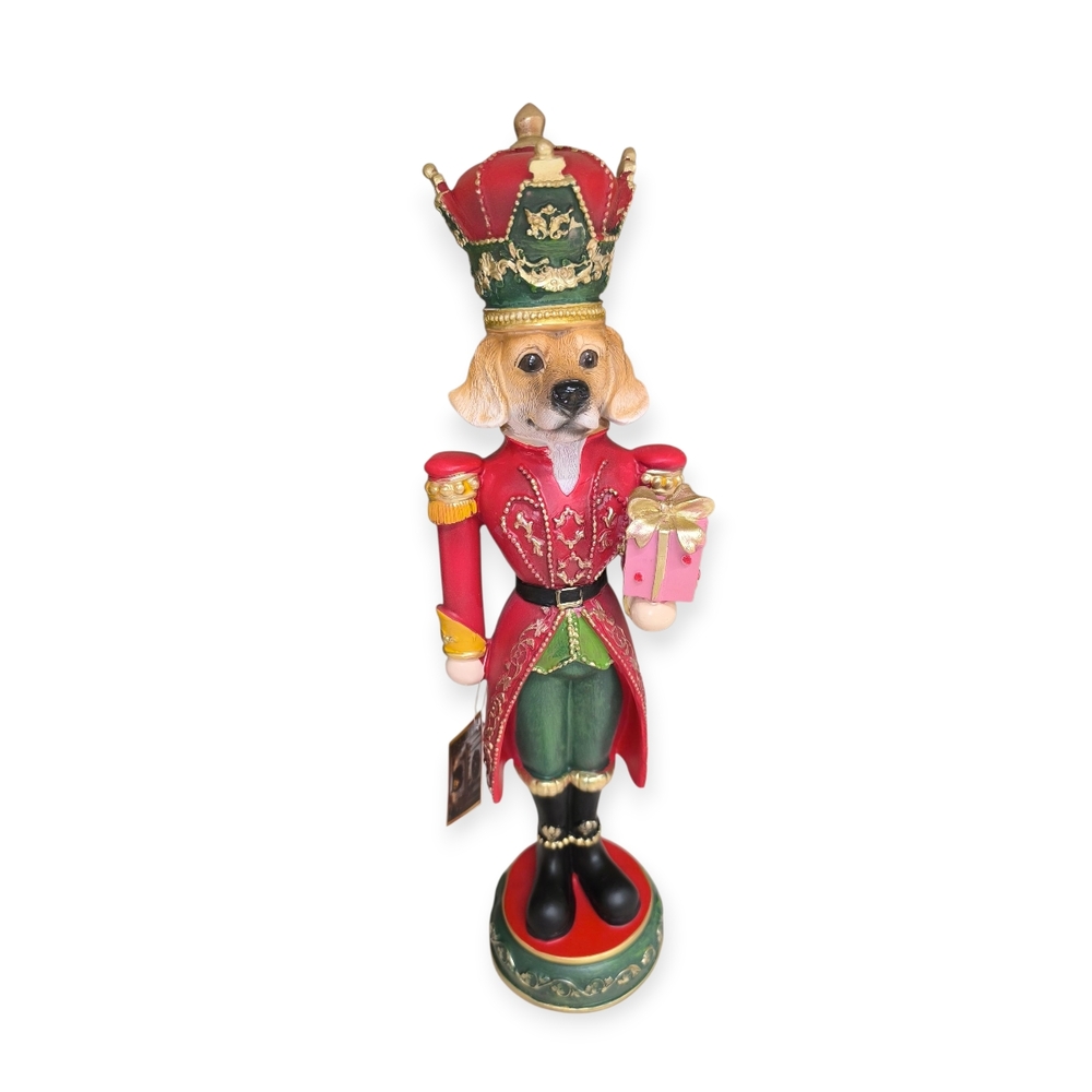 Karácsonyi dekoráció 3D kutya figura katona egyenruhával 37 cm