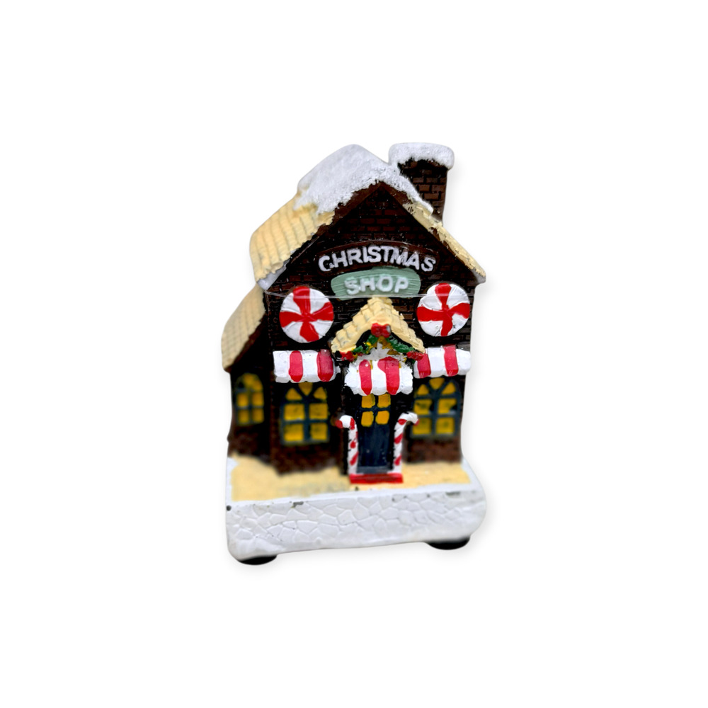 Karácsonyi falu jelenet havas karácsonyi bolttal LED világítással, 5×5×8 cm
