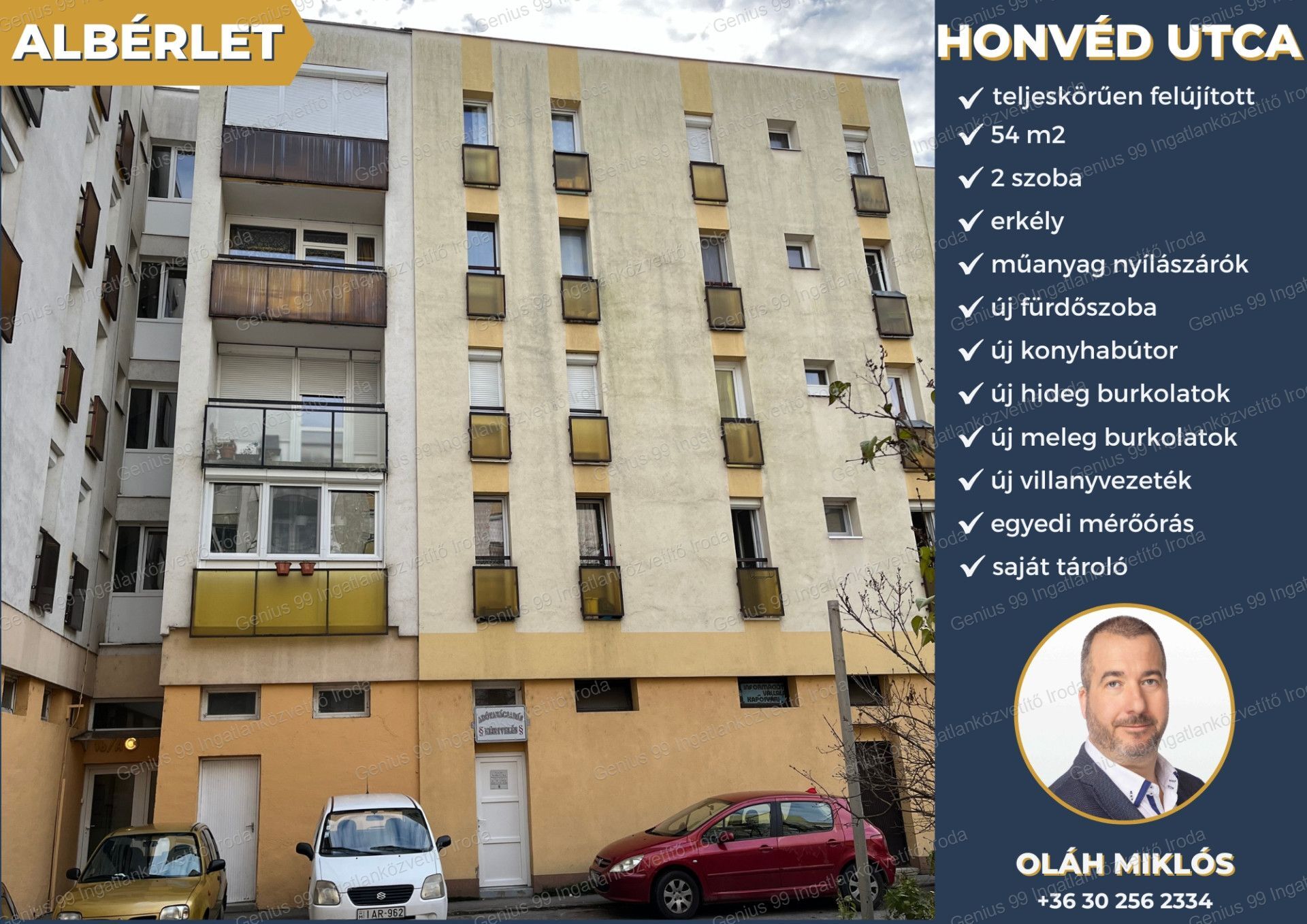 Kaposvár belvárosában a Honvéd utcában kiadó egy , 54 m2-s, 2 szoba + erkélyes, teljesen felújított, panelprogramban részt vett, panellakás.