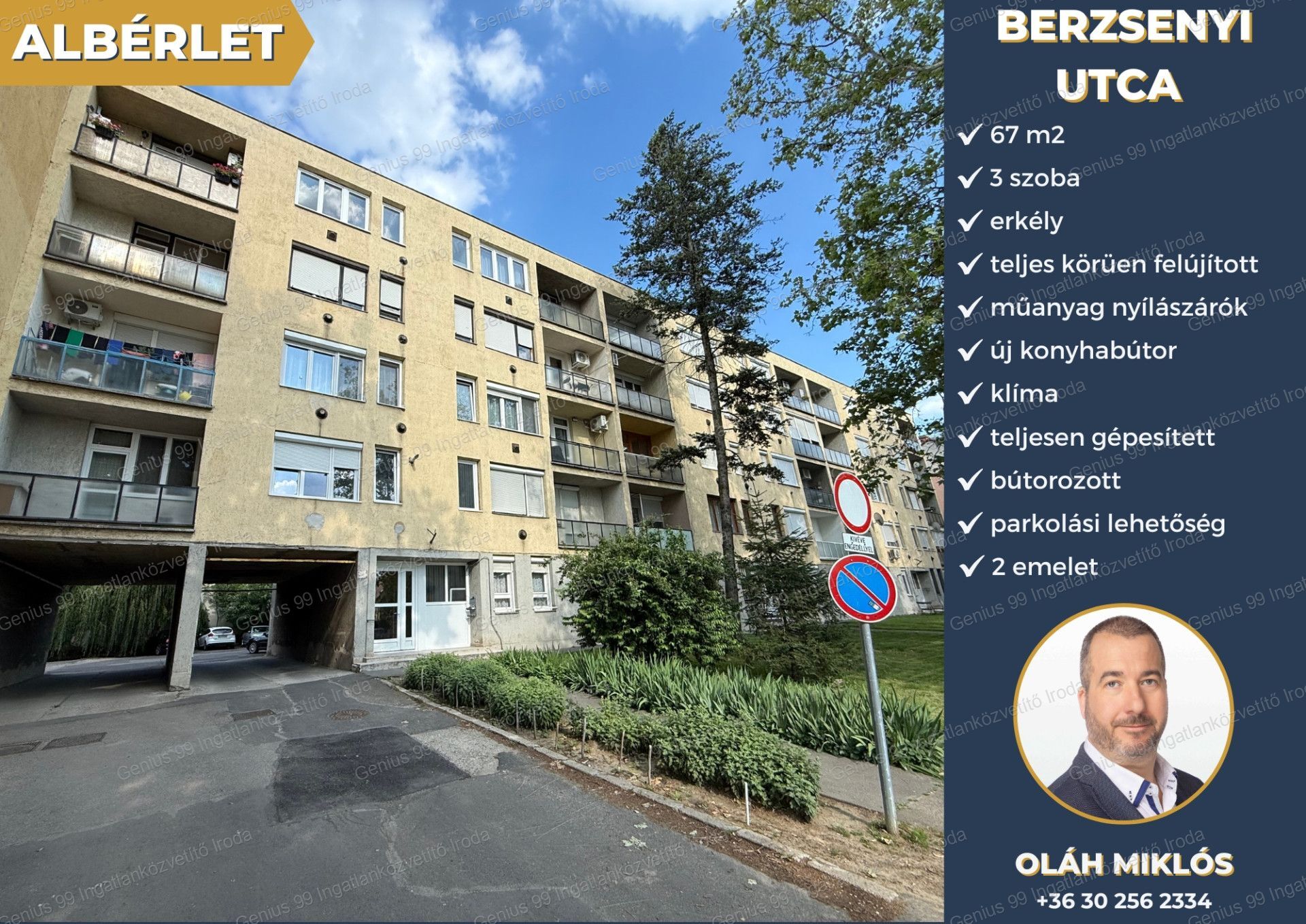 Kaposvár belvárosában a Berzsenyi utcában kiadó egy, 67 m2-s, 3 szoba + erkélyes, teljesen felújított, bútorozott és gépesített, 2. emeleti téglalakás.